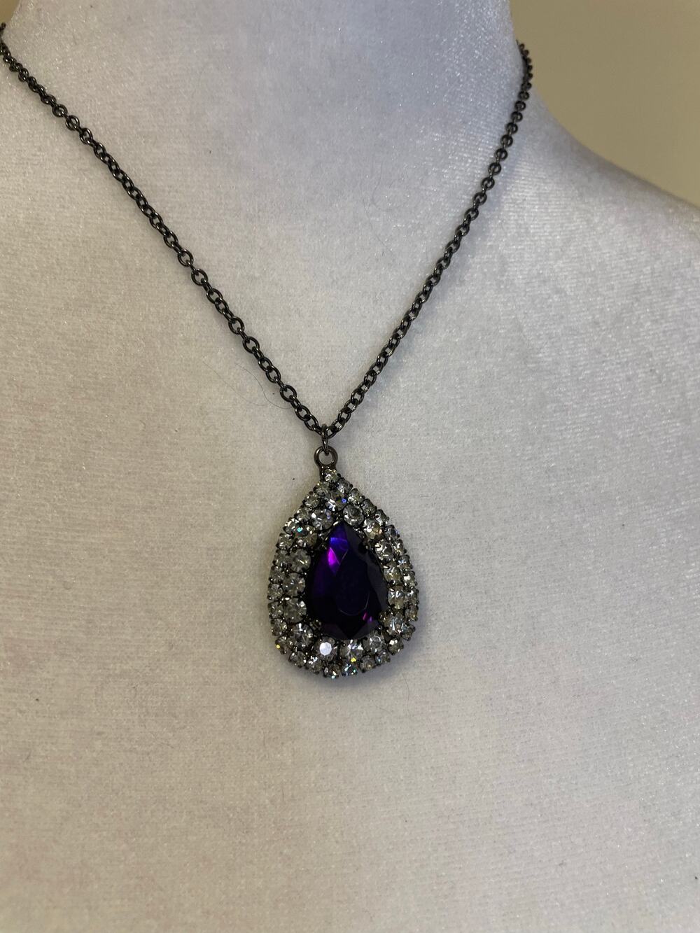 gunmetal silver and purple tear drop necklace